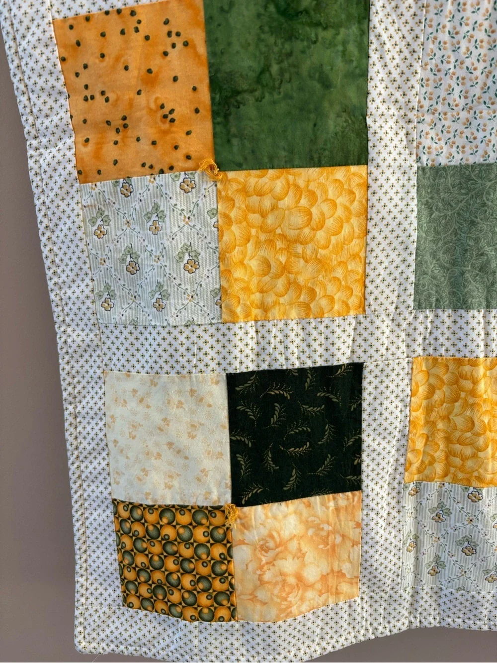 Vintage Handmade Green and Gold Patchwork throw Quilt